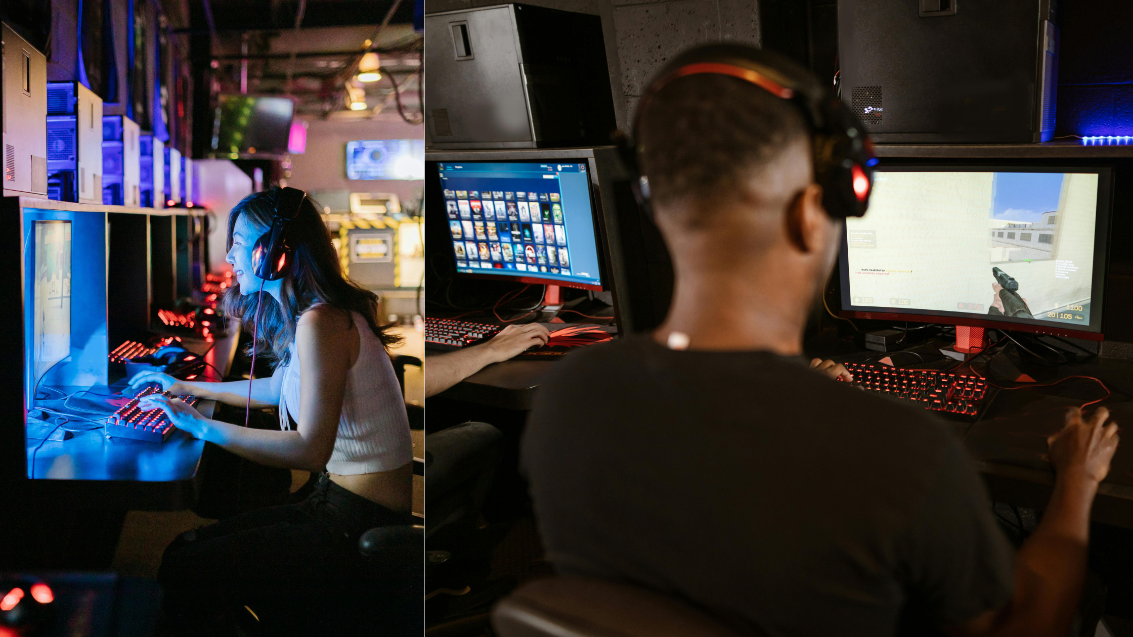 Gamers using budget-friendly gamer keyboards and headsets while playing on desktop computers in a gaming center