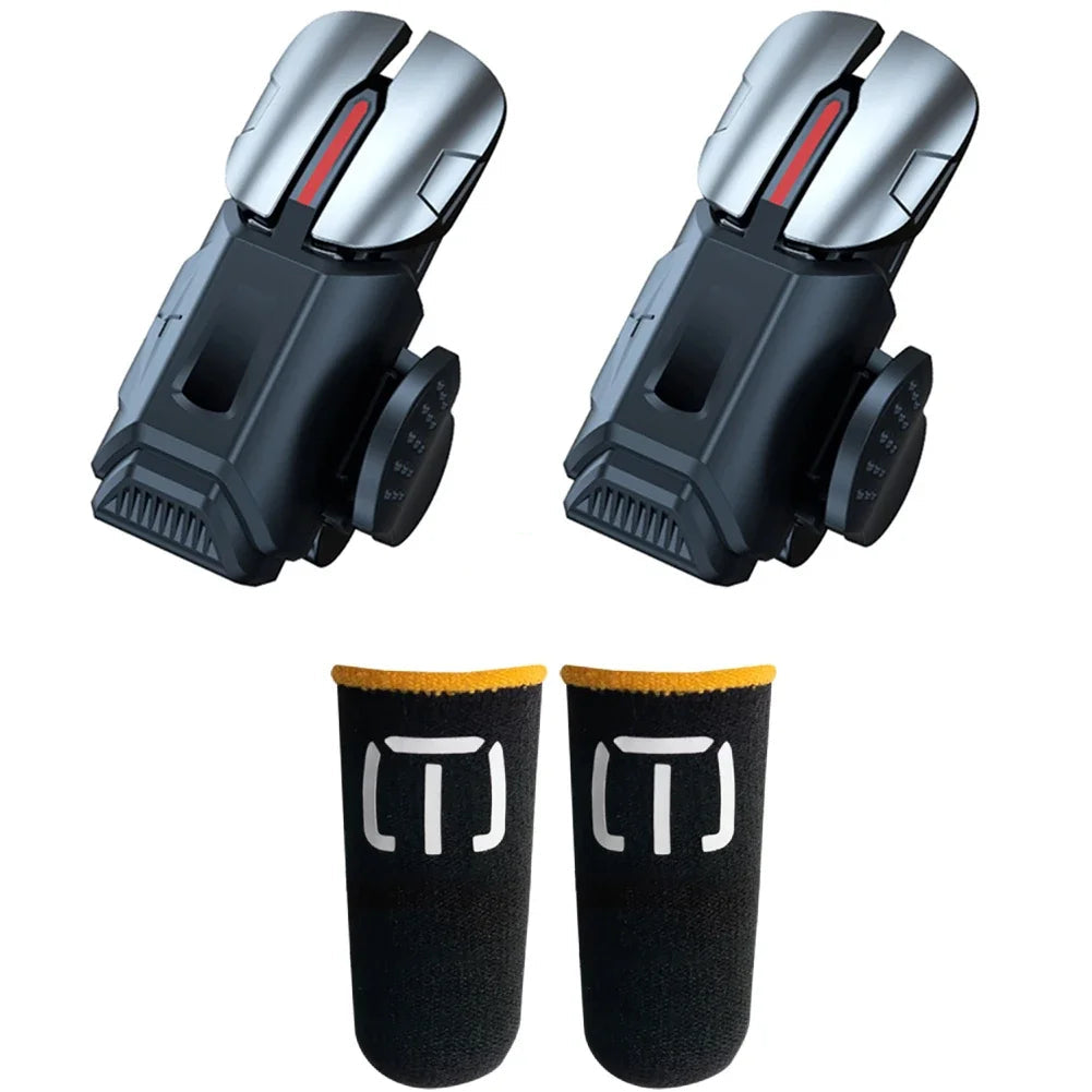 HandsCross 6-finger mobile game trigger set with two silver and black triggers and black finger sleeves