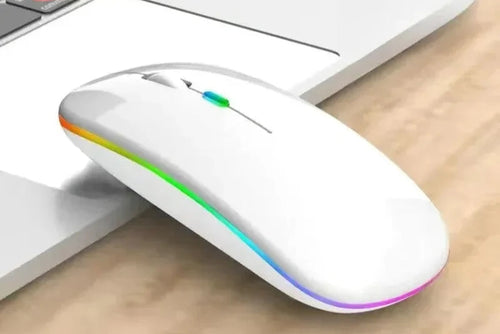 HandsCross mirror white rechargeable wireless mouse with Bluetooth 5.2 and 2.4G connection on laptop
