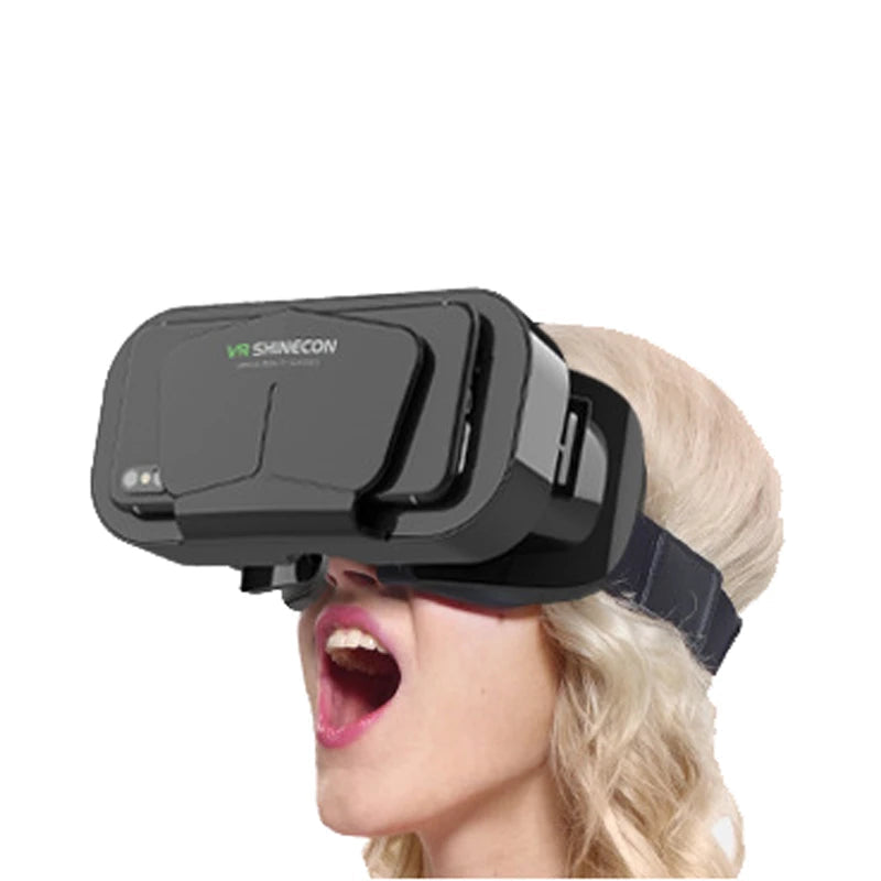 VR Shinecon black VR headset with controller worn by a woman with blonde hair open mouth